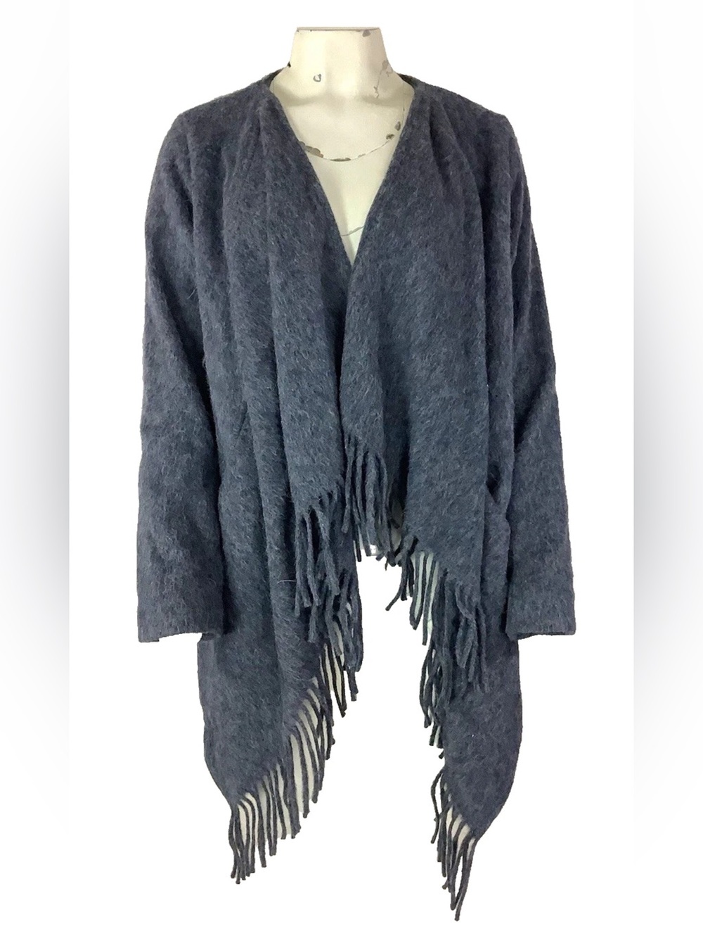 Katherine Kelly Sz S Fringe Hem Alpaca Silk Blend Knit Open Cardigan Blue